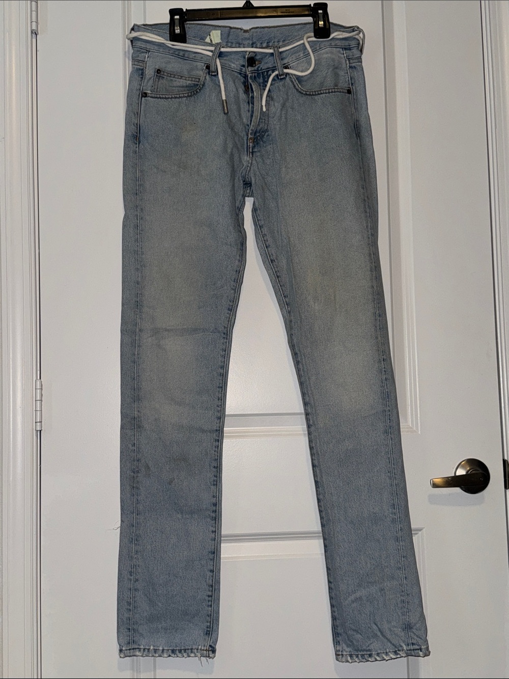 Off-White Light Blue Slim Straight Jeans with Drawstring Waist